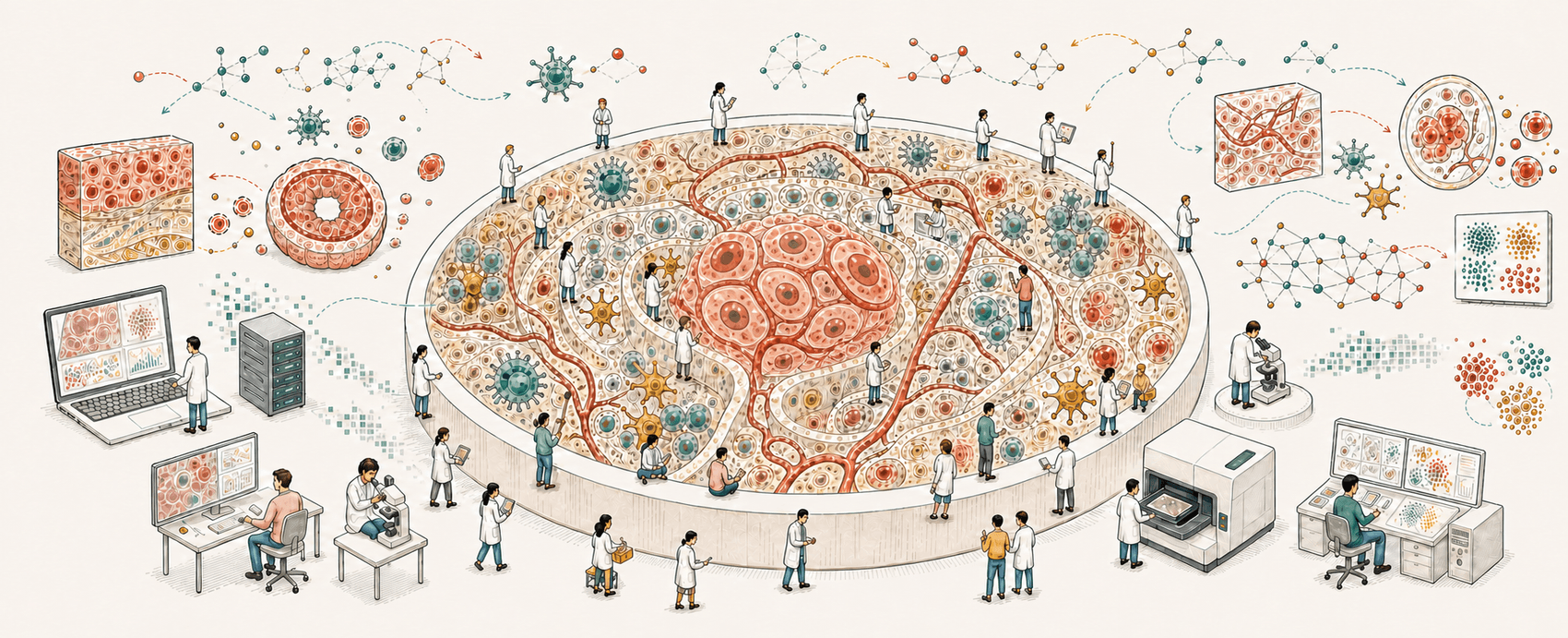 Scientists working together around a shared tissue specimen